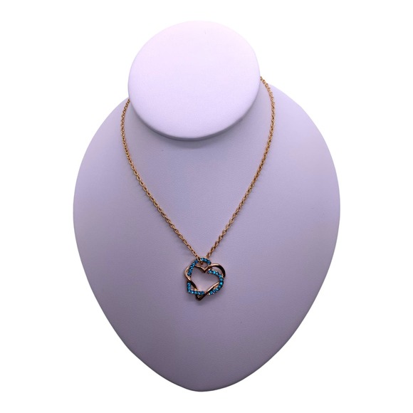 Imitation Yellow Gold BLUE TOPAZ Rhinestone Double Heart Pendant Necklace - Picture 6 of 6